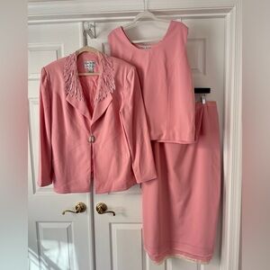 Tania Bella Pink 3-Pc Skirt Suit Beaded Feather Collar Rhinestone Size 18